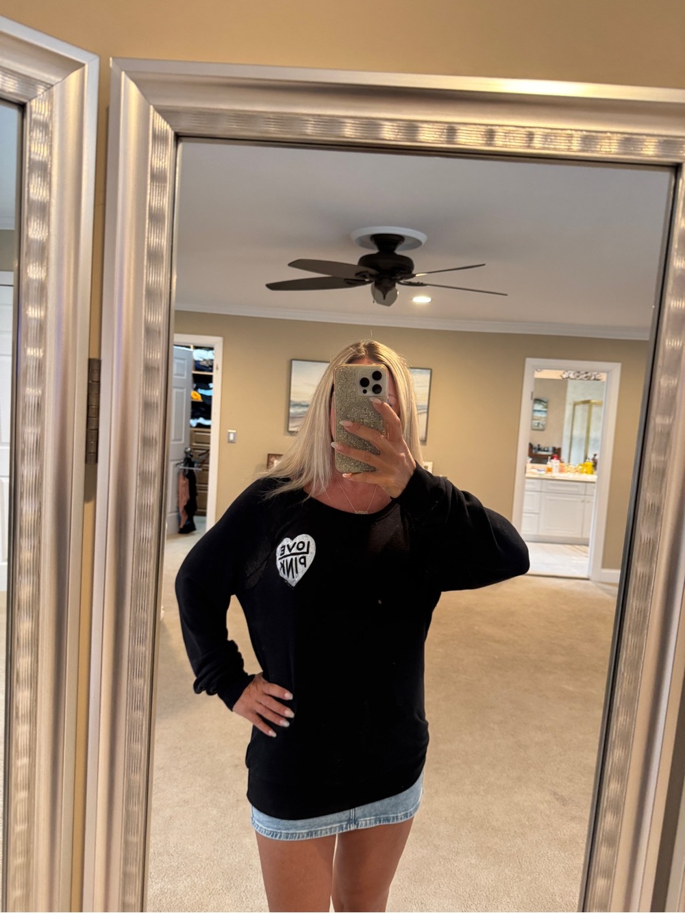 PINK Victoria's Secret Black Long-Sleeve Pullover with White Heart Logo